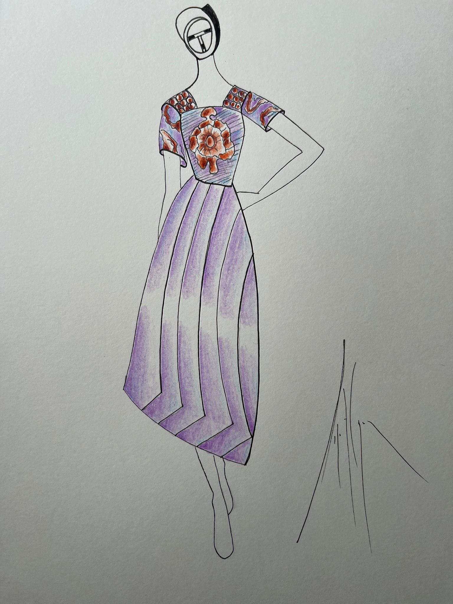 Dessin de créateur d'une robe mi-longue à manches courtes avec jupe plissée et motif floral sur le corsage.